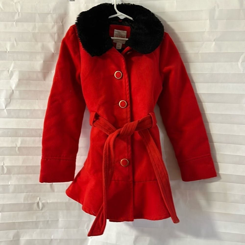 Cat & Jack Girls Red Winter Coat Size 5 Faux Fur Collar Hooded Jacket Warm